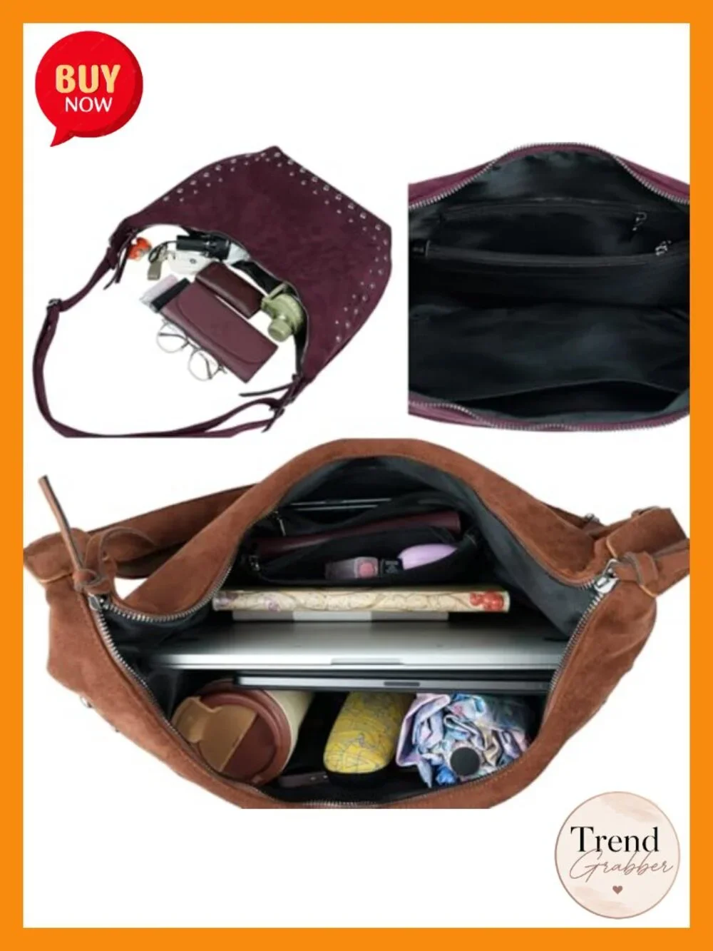Studded Faux Suede Hobo Bag for Women - Adjustable Crossbody Shoulder Purse